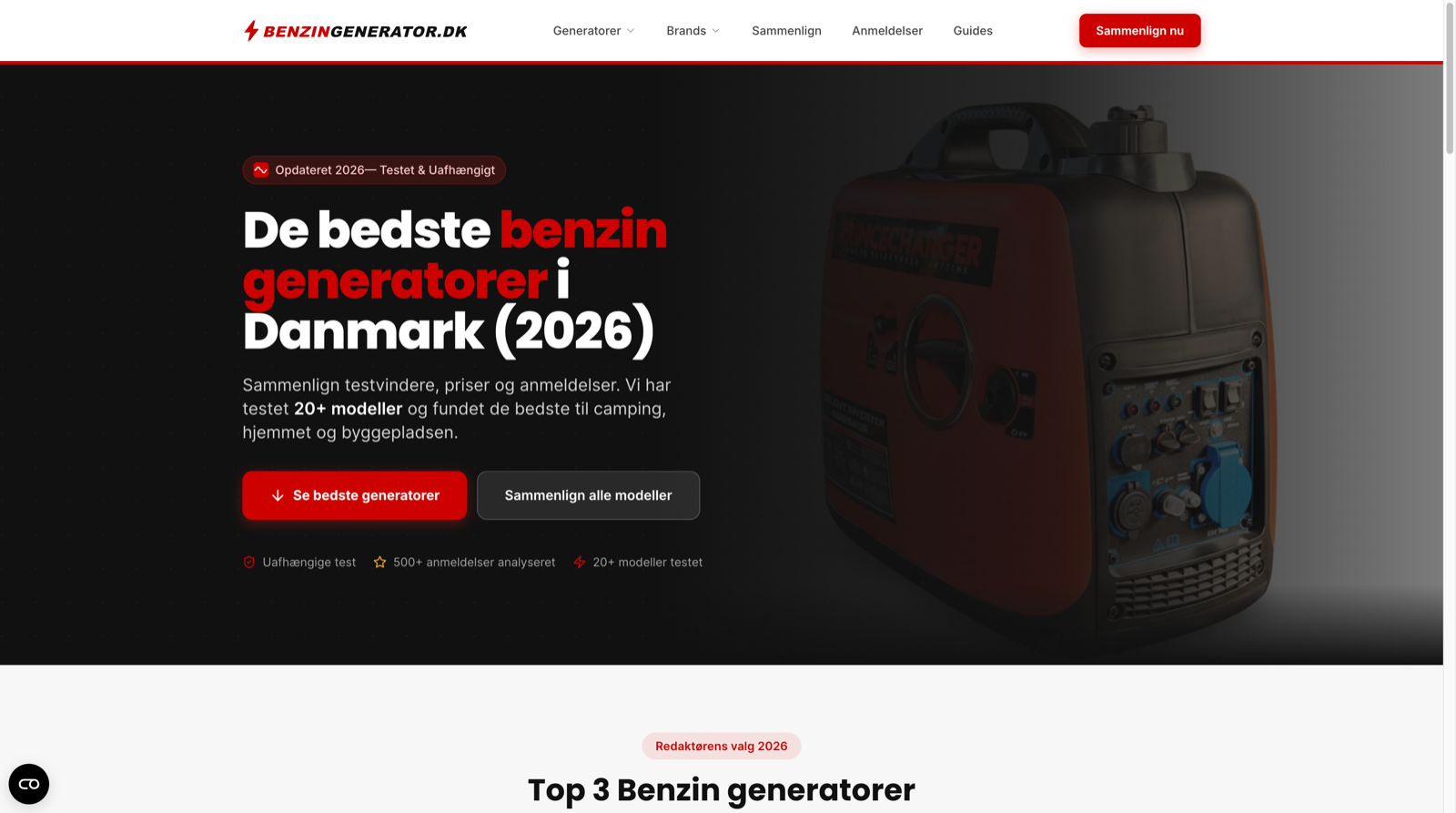 Benzingenerator.dk forside med generator-sammenligning
