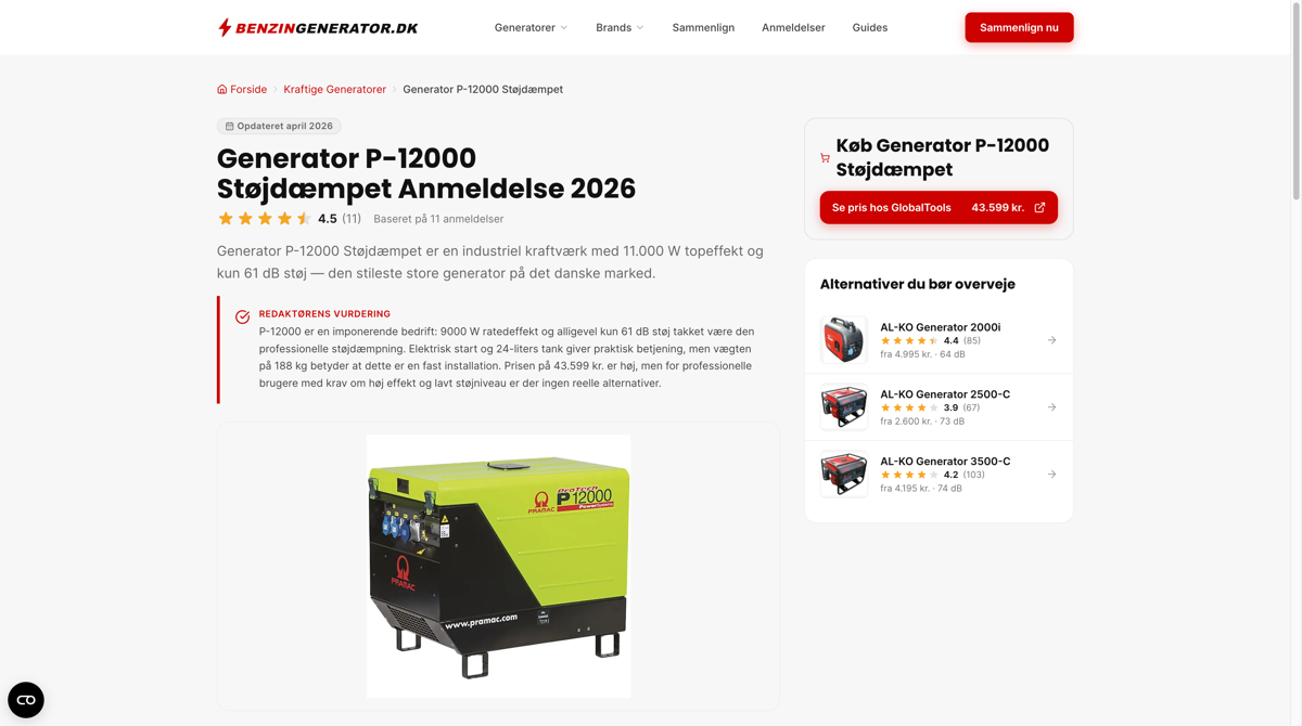 Detaljeret produktside på Benzingenerator.dk med specifikationer